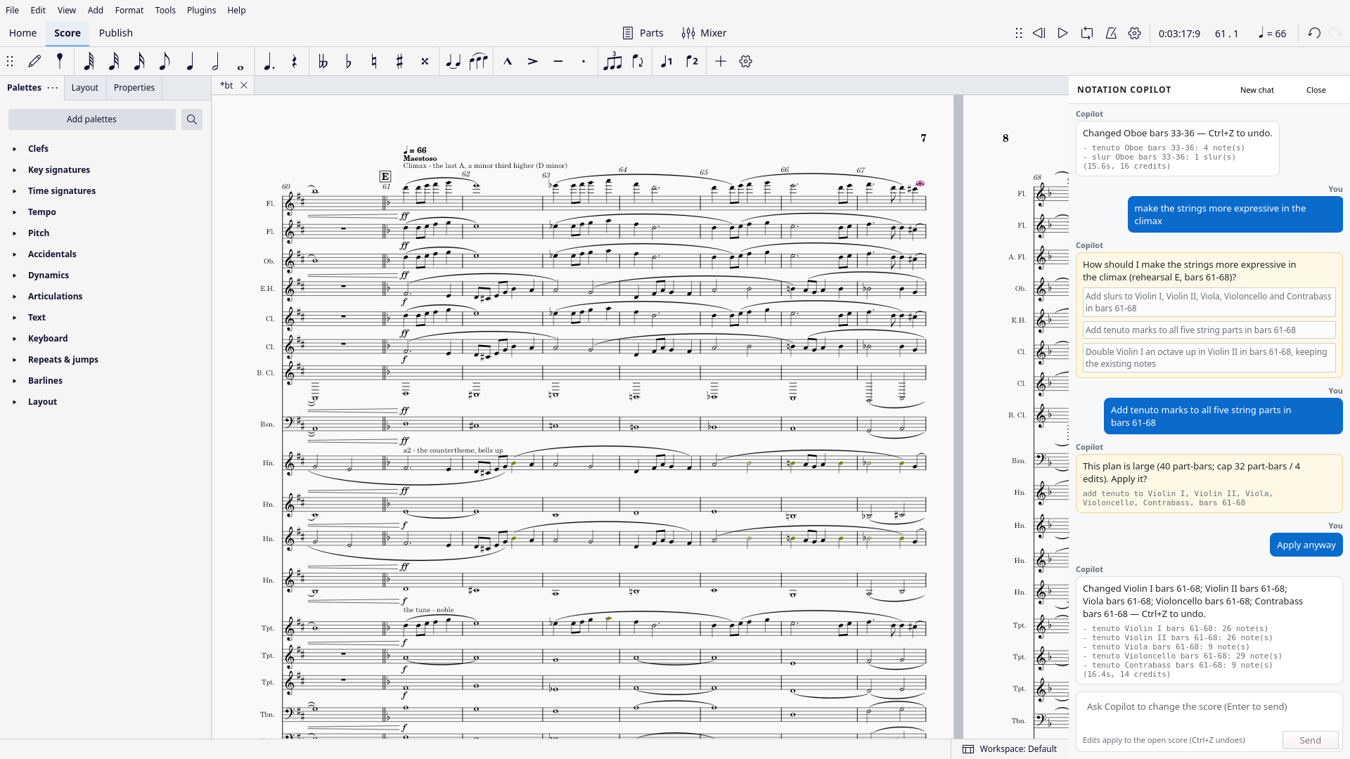 Tenuto marks applied to all string parts
